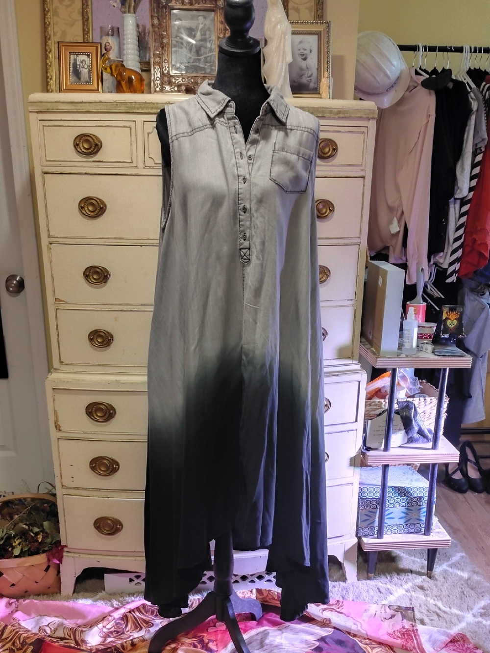 Sleeveless Asymmetrical Ombre Shirt Dress - Gray to Black 100% Tencel Eco Friend